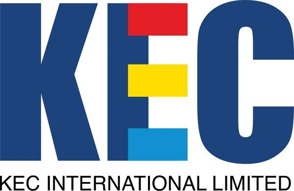 Logo of KEC International Limited with bold blue letters and colored blocks.