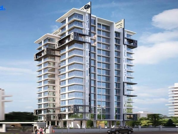 Modern high-rise residential building with balconies.
