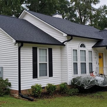 House with black gutters and downspouts