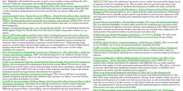 Text listing various environmental and disaster recovery sessions and topics.