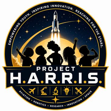 Logo of Project H.A.R.R.I.S. with children silhouettes and a rocket launch.