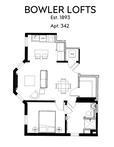 Floor plan of a one-bedroom apartment in Bowler Lofts.