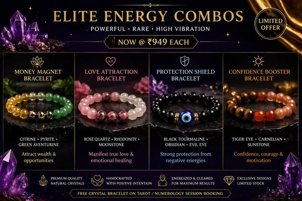 Elite Energy Combos of crystal bracelets for wealth, love, protection, and confidence at ₹949 each.