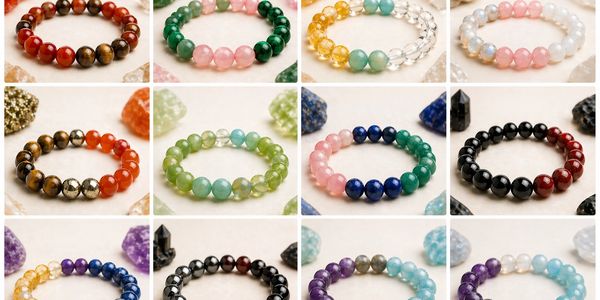 Colorful beaded gemstone bracelets arranged in a 3x4 grid.