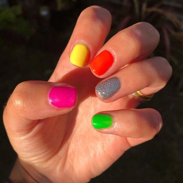 Neon rainbow coloured Gelish nails 