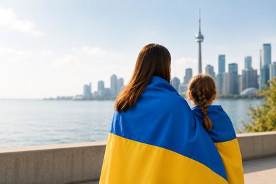 Two people wrapped in a Ukrainian flag overlooking a city skyline by the water.