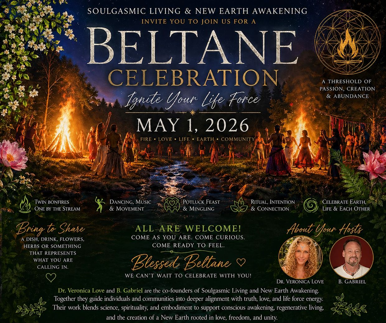 People celebrate Beltane around twin bonfires near a stream under a starry sky.