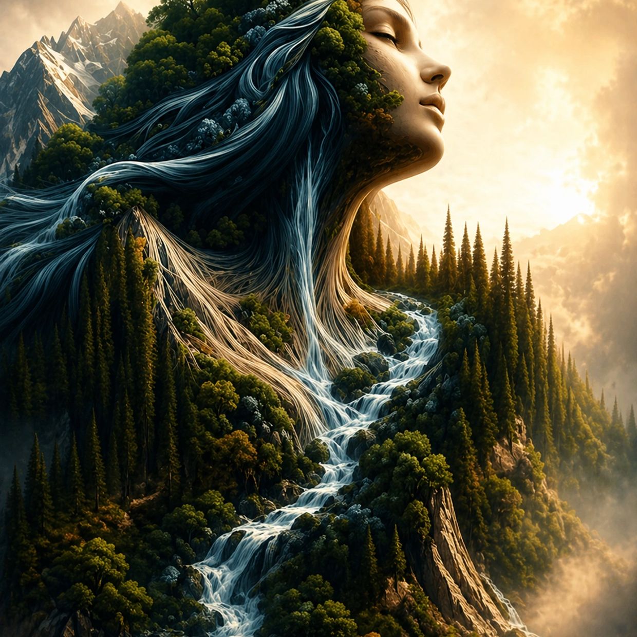 A surreal mountain shaped like a woman's face with flowing rivers as hair.