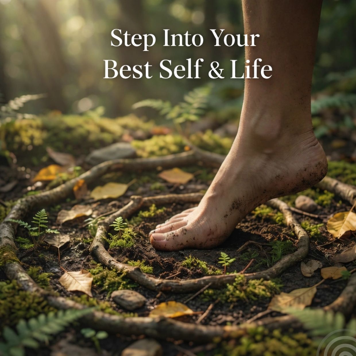 A bare foot steps onto a natural spiral of sticks and moss.