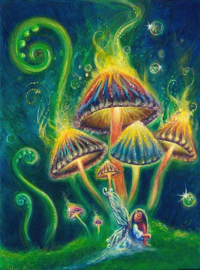 Fantasy scene with glowing mushrooms and a fairy in a magical forest.