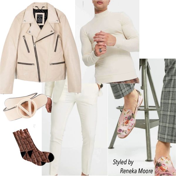 Style board:  Men's nude monochromatic outfit w/ leather jacket and light pink floral loafer.