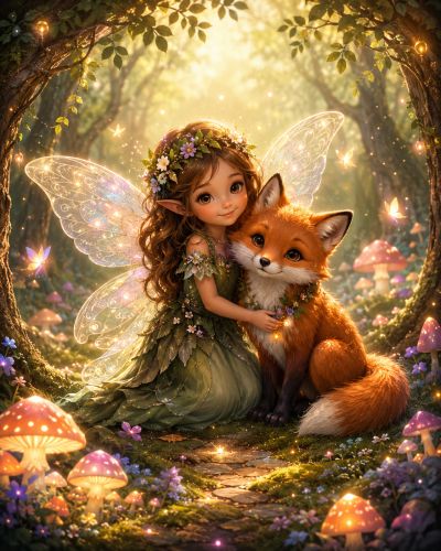A fairy girl with a fox in a magical forest.