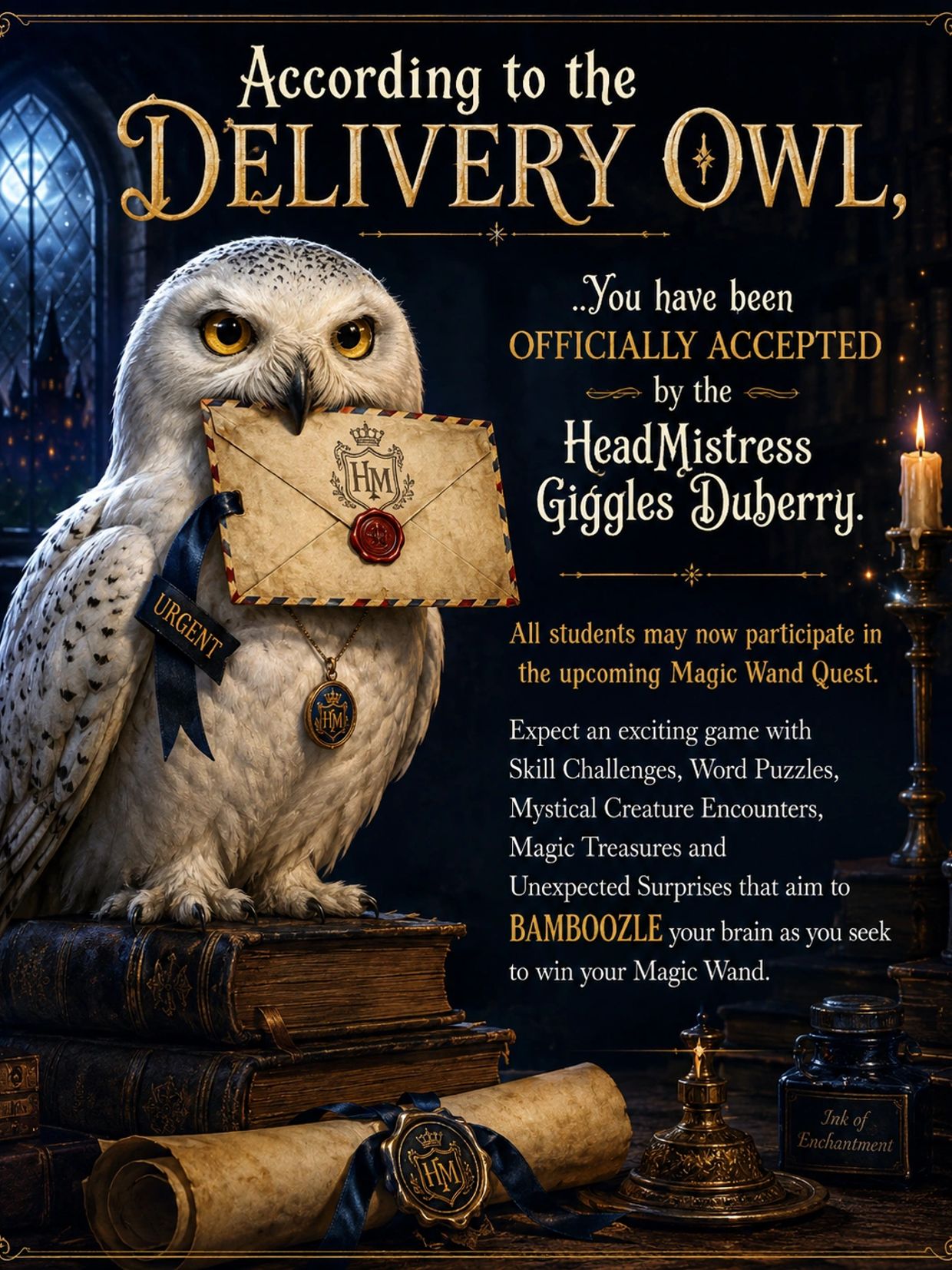 Magical owl delivers letter of acceptance to Magic School where students will go on a magic wand que