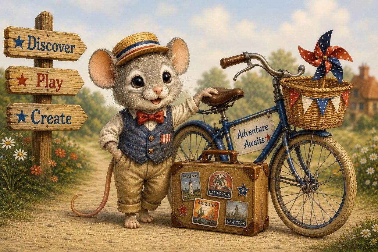 Mouse with bicycle and suitcase travels around America learning about each state game to play.