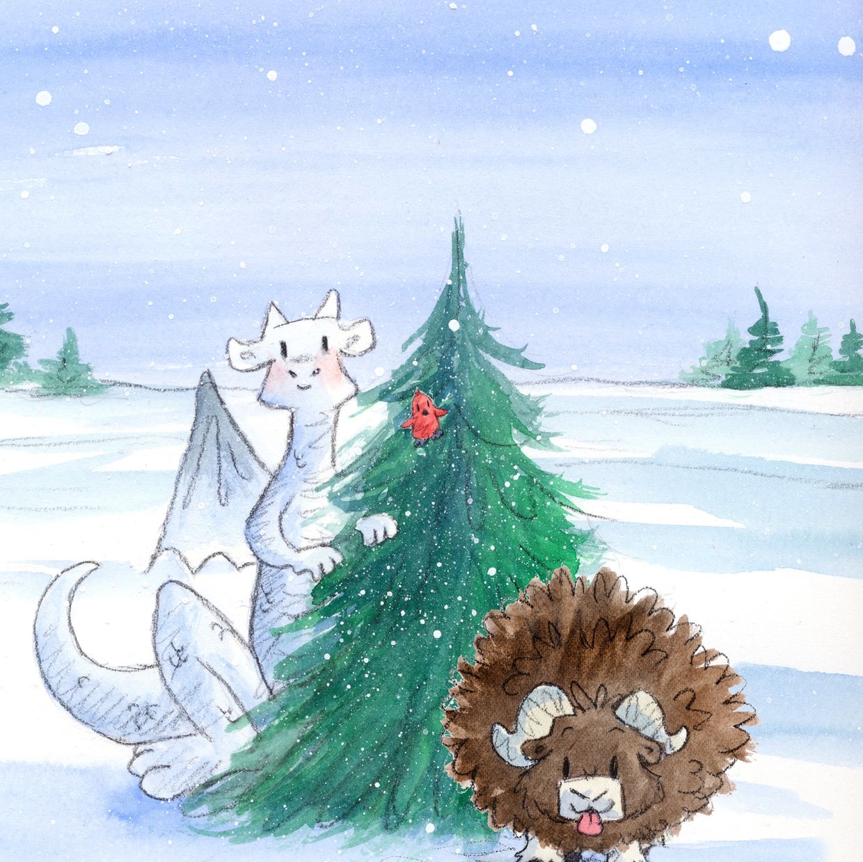 A white dragon and a fluffy brown muskox near a snowy pine tree with a red bird. Ready to explore th