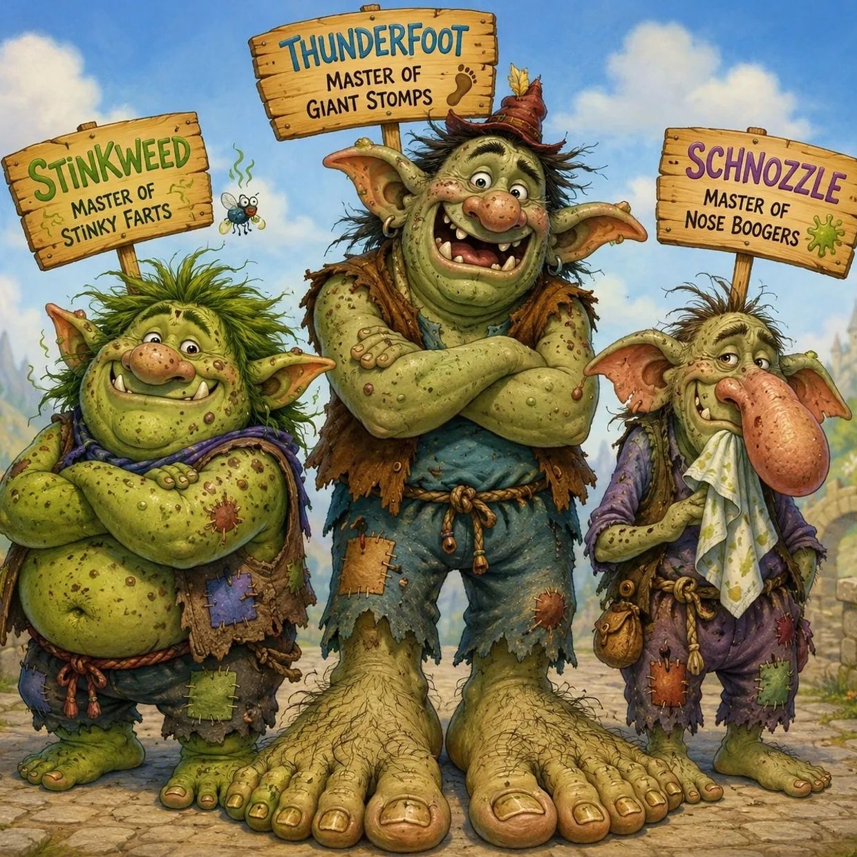 Three troll brothers standing together waiting to start mischief. 