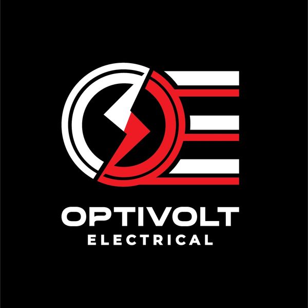 Optivolt Electrical logo with red and white design on black background.