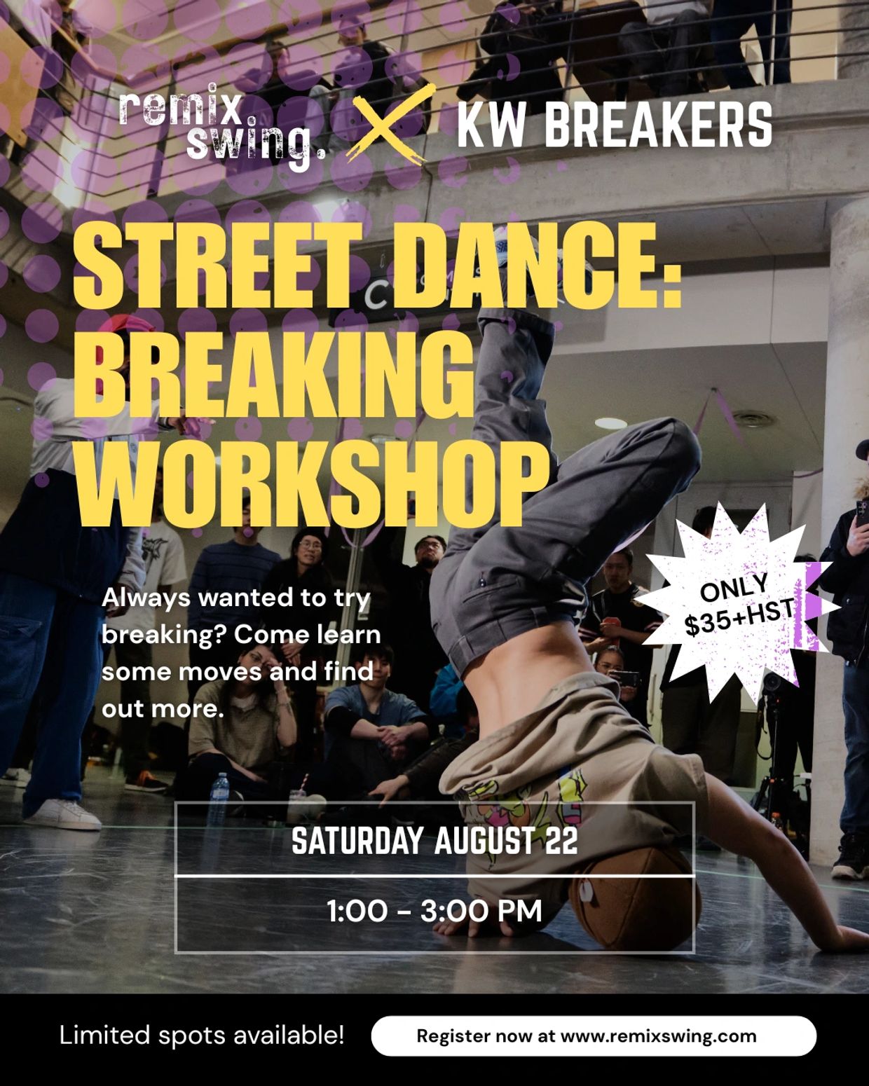 Street dance breaking workshop event flyer with dancer and details.