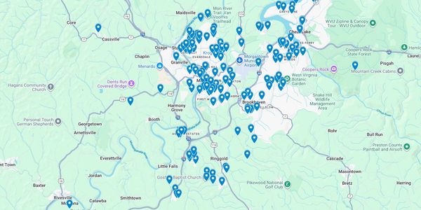 Customer map of completed painting jobs in and around Morgantown, WV