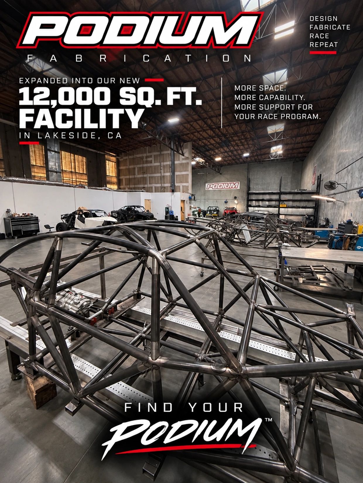Podium Fabrication's new 12,000 sq. ft. facility with car frames.