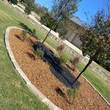 Flower Bed Installation. Rock Border. Cut limestone. River Rock. Mulch 