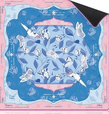 Colorful scarf with bird and butterfly design.
