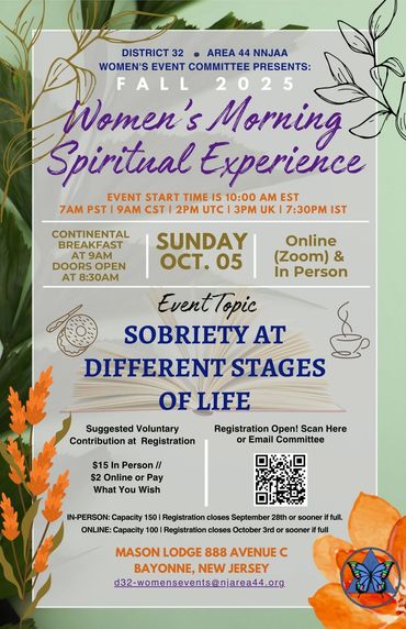 Fall 2025 Women's Morning Spiritual Experience on October 5, focusing on sobriety at different life stages.