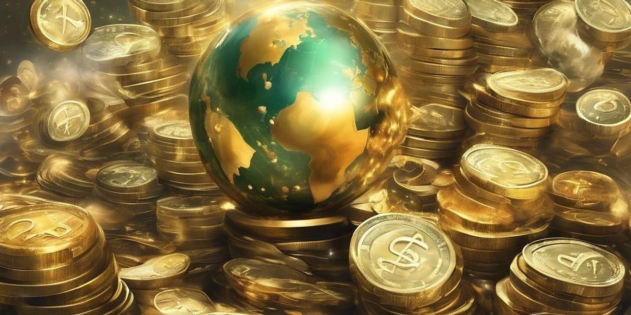 Earth Globe..Land is gold..water is green blue.. all surrounded by gold coins falling from above. 