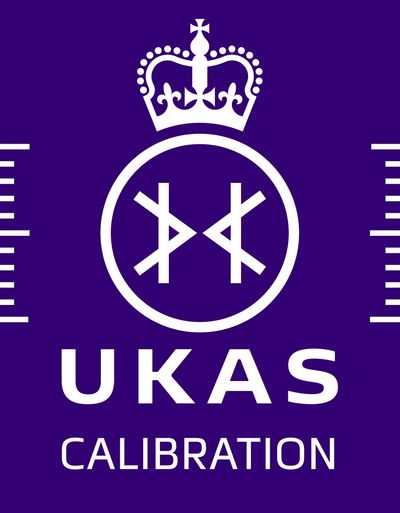 UKAS Calibration logo with crown symbol on purple background.