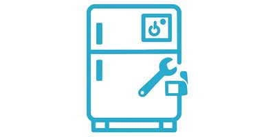 Teal and white icon of a laboratory fridge freezer
