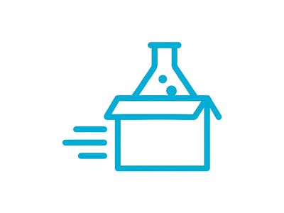 Teal and white icon of laboratory glassware in a cardboard box
