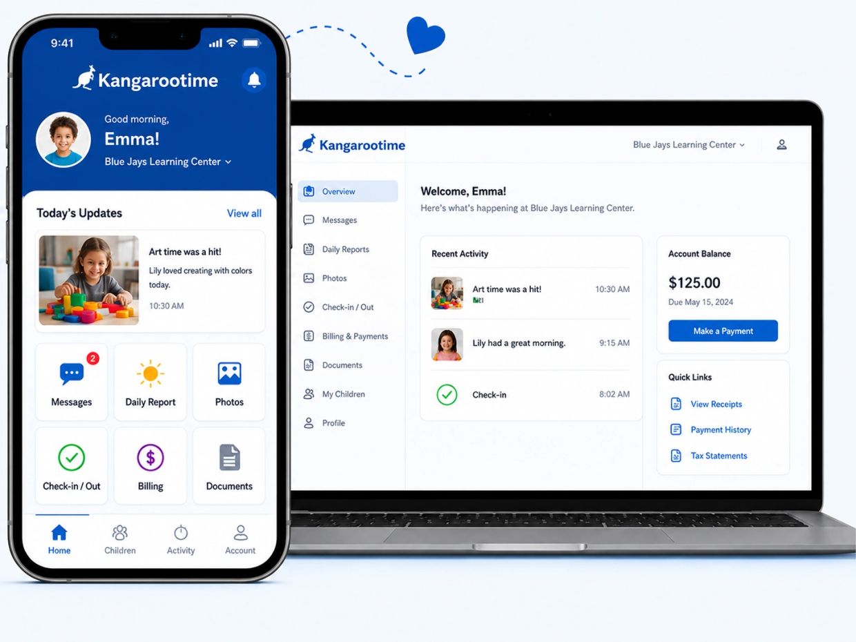 Kangarootime app displaying child care updates on phone and laptop.