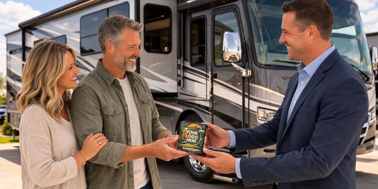 Couple receiving a promotional item from a man in front of an RV.