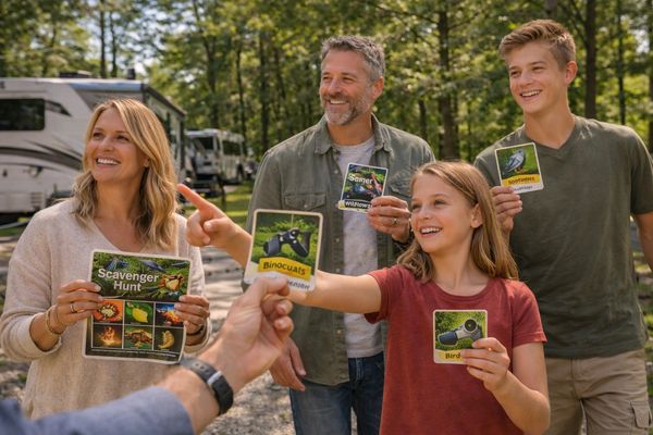 Family enjoying a scavenger hunt outdoors with nature-themed cards.