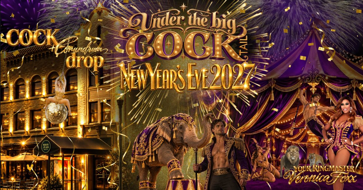 Circus-themed New Year's Eve 2027 event poster with performers and animals.