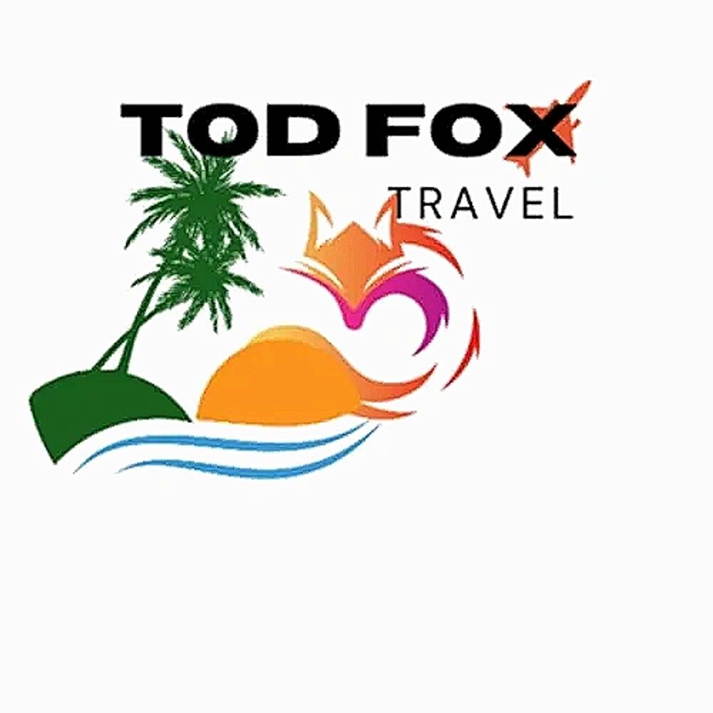 Logo of Tod Fox Travel featuring a fox, palm tree, and ocean waves.