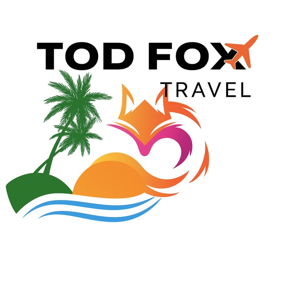 Logo for Tod Fox Travel with palm trees and a fox illustration.