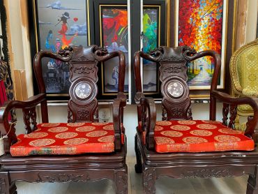 Antique Chinese throne chairs with fine art at a Mercanti estate sale in the Solano county, Californ