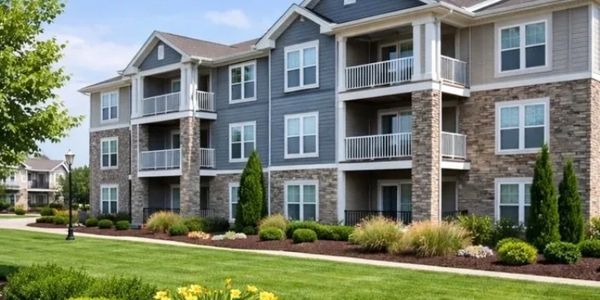 Modern three-story apartment building with balconies and landscaped surroundings.