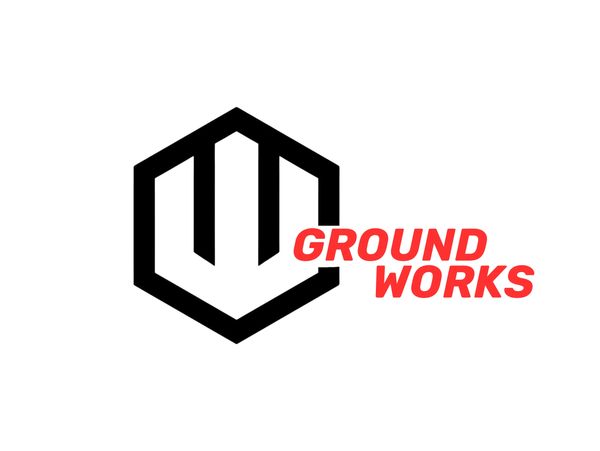 Logo with a black hexagon and red text saying 'GROUND WORKS'.