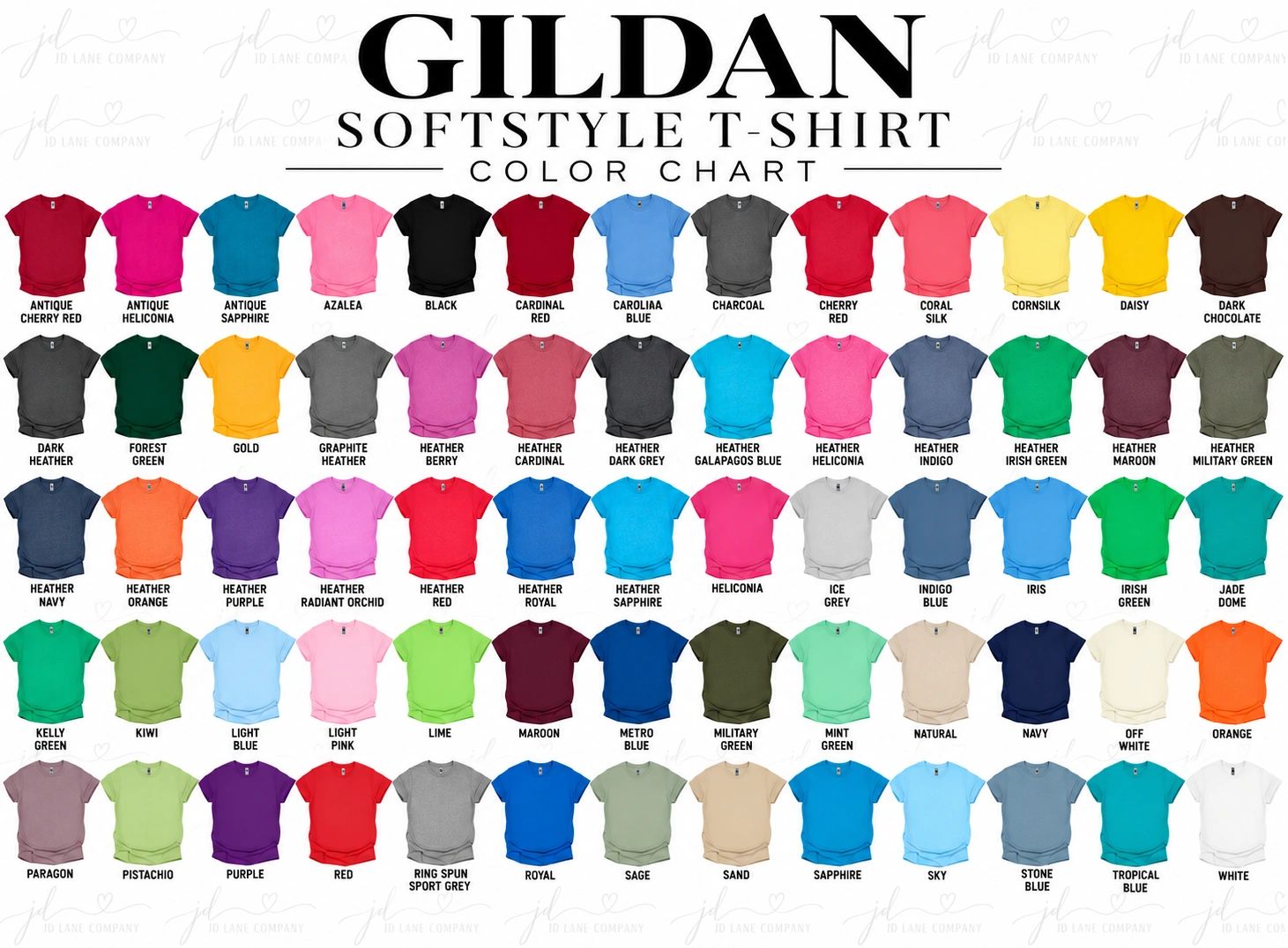 Gildan Softstyle T-shirt color chart with 50 vibrant colors.
