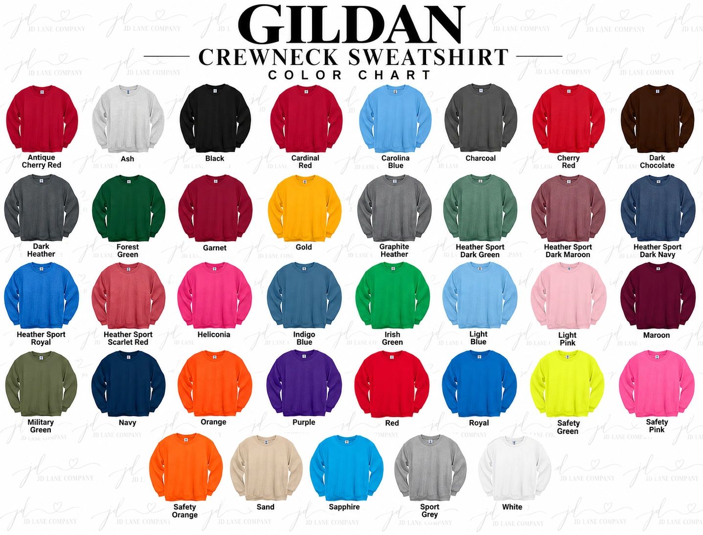 Gildan crewneck sweatshirt color chart with 32 colors.