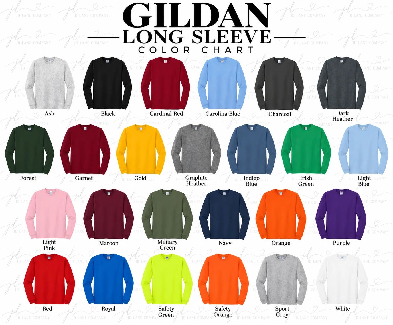 Gildan long sleeve t-shirts in various colors.