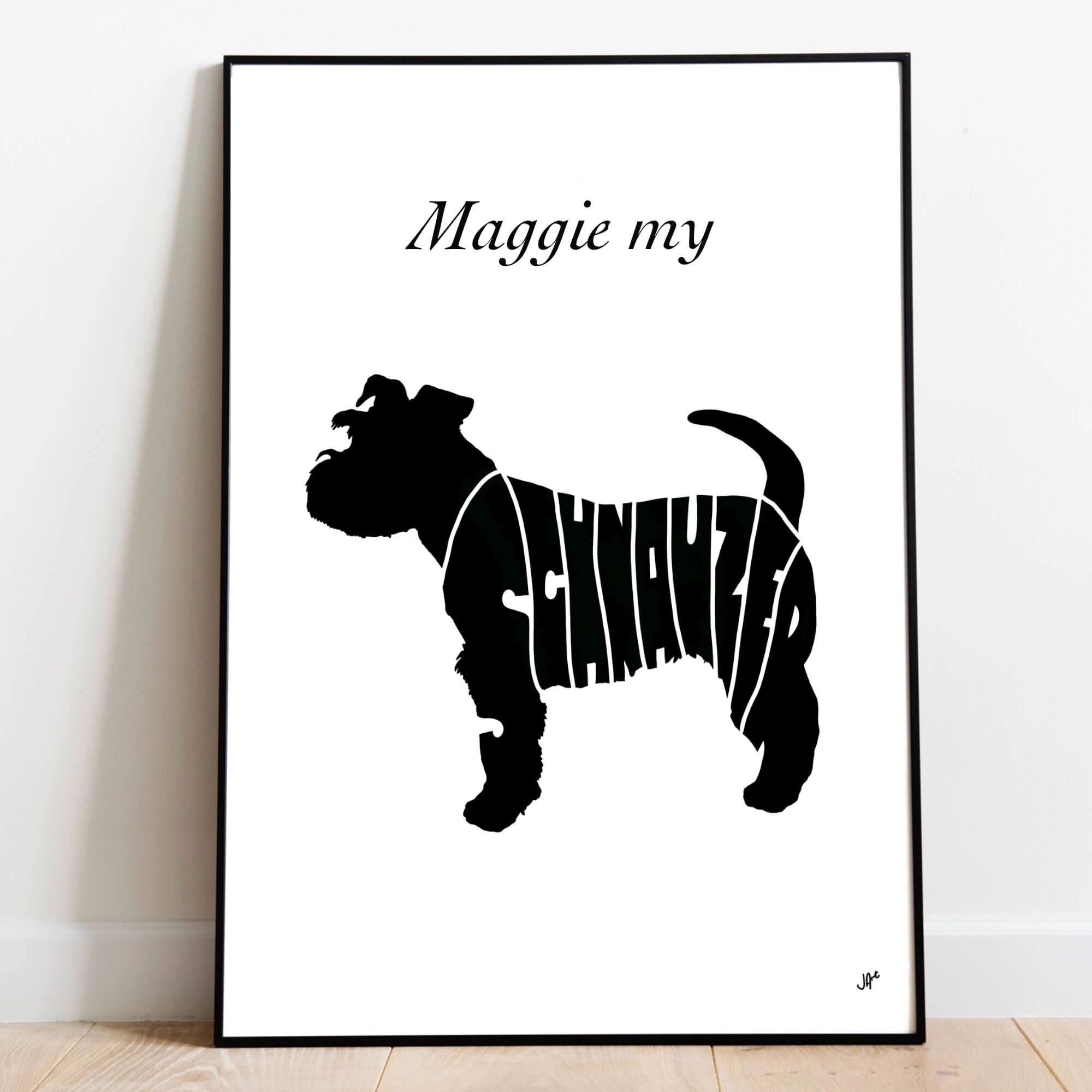 Framed Pet Portrait of Maggie using a Schnauzer template 