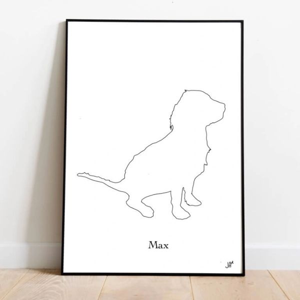 Framed black and white A4 minimalistic pet portrait of Max in a sitting pose from Jonny Acheson Art