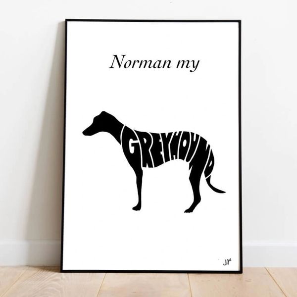 Framed black and white A3 modern pet portrait print of Norman the greyhound in a sitting pose