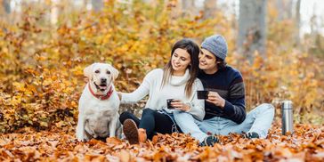 Couple having an autumn picnic with their dog.