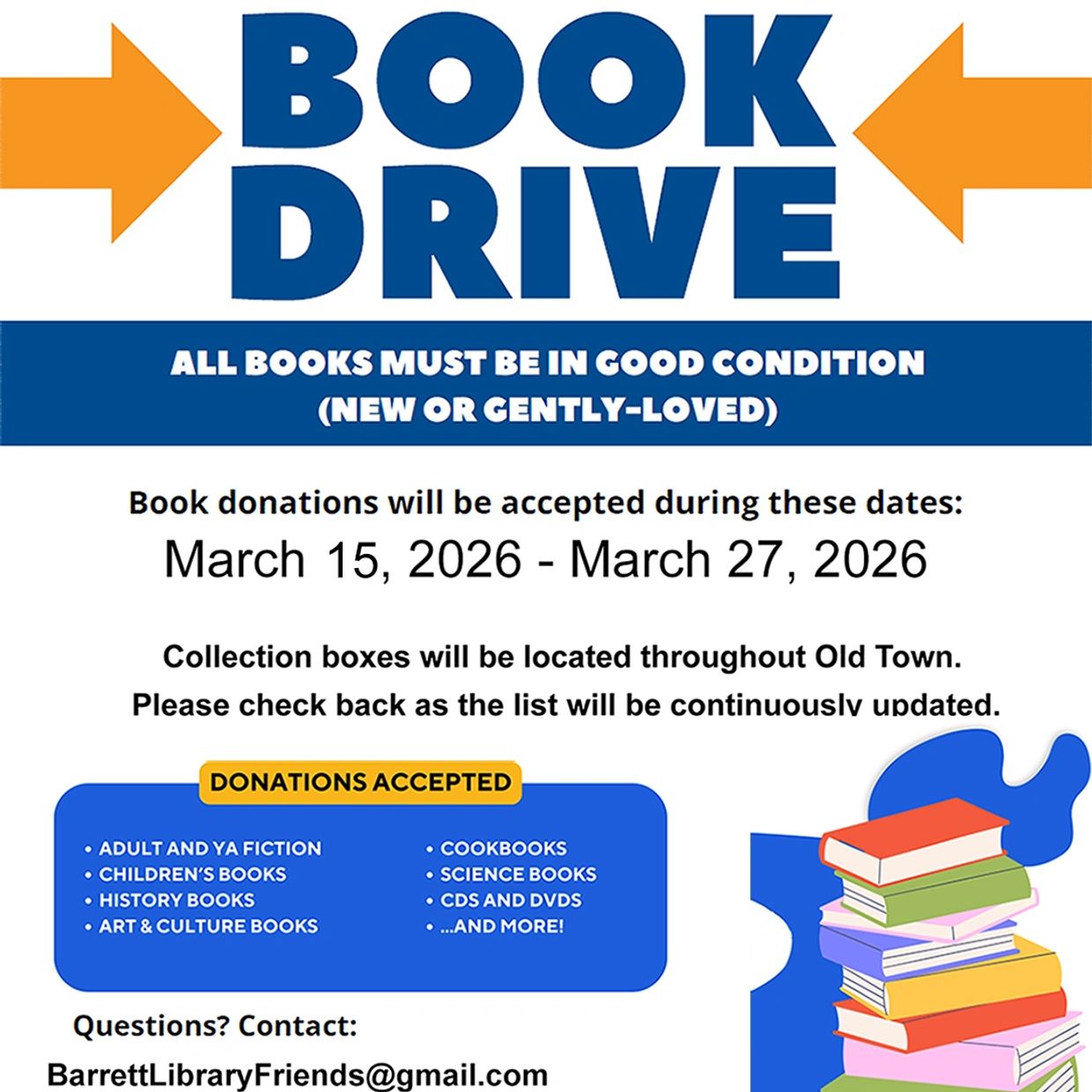 Book drive accepting donations from March 15 to 27, 2026.