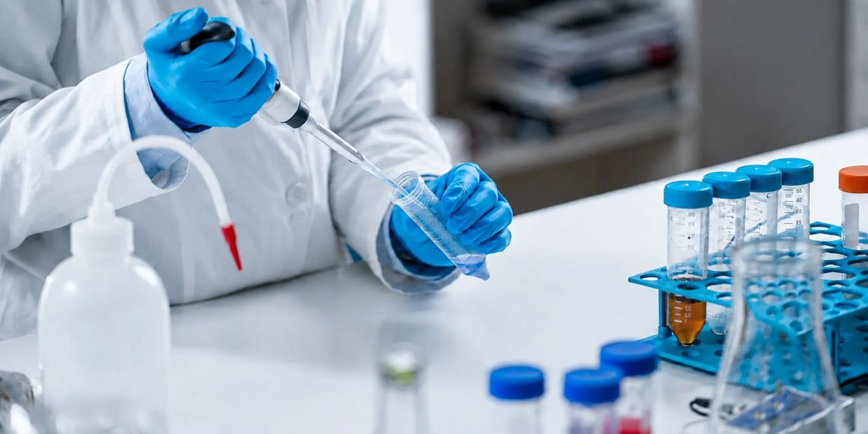 Laboratorio con técnico manejando pipeta y tubos de ensayo.
