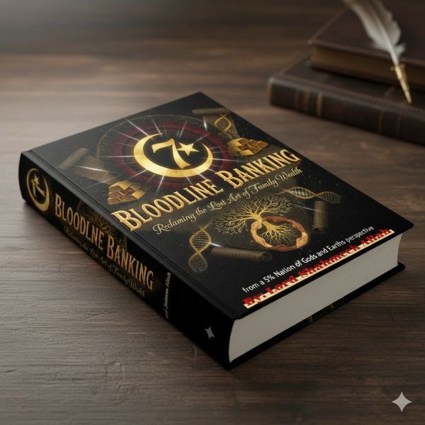 A book titled 'Bloodline Banking' on a wooden table with DNA and tree graphics.